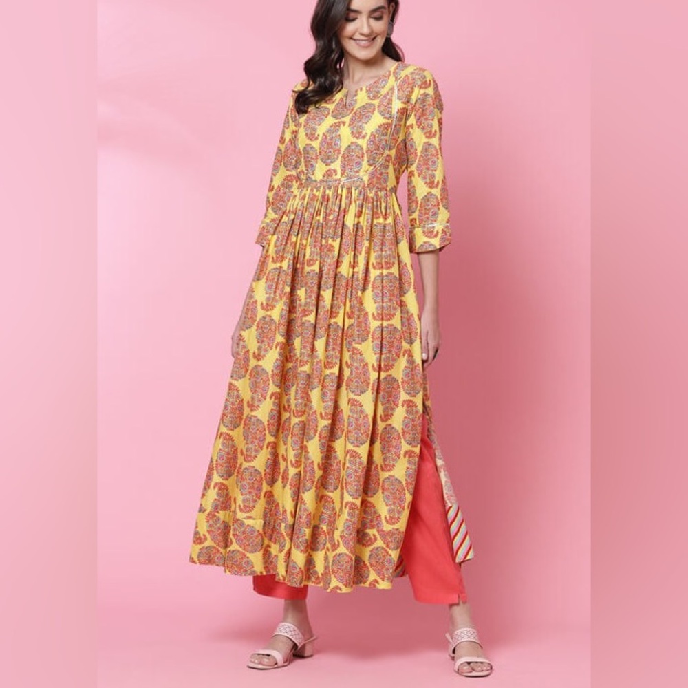 Biba yellow paisley cotton flared kurta dress tunic EUC size 42 (US 12)